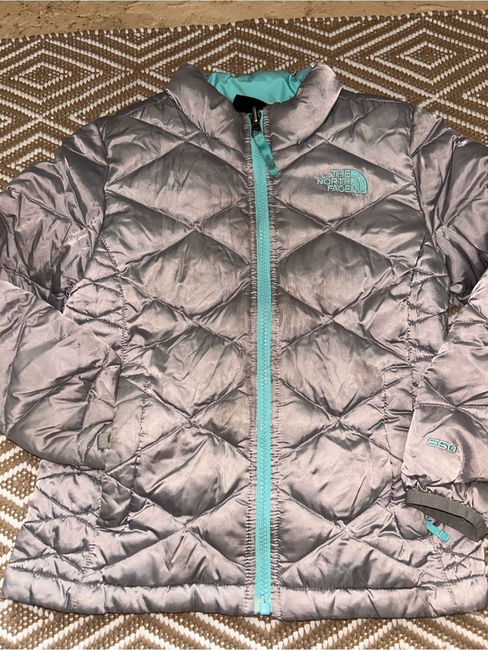 The North Face Gray Quilted Puffer Jacket with Teal Trim